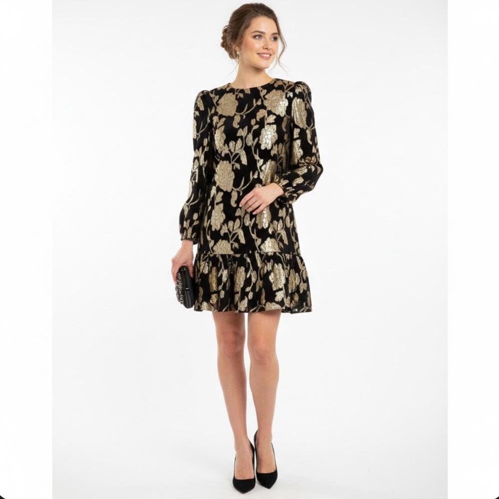 NWT Milly Gold Chiffon Shift Dress Metallic Longsleeve Size 2 $355